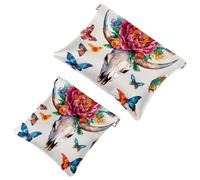 Bull Skull with a Peony and Colorful Butterflies Pocket Cosmetic Bag, Waterproof Squeeze Makeup Bag No Zipper Self-Closing, Portable Mini Travel Storage for Headphones Jewelry