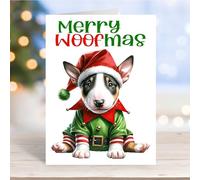 Bull Terrier Dog Christmas Elf Puppy Card Gifts and Designs. Space for your own message inside. Can be personalised - with Matching Envelope