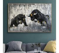 Bull Vs Bear Canvas Wall Art - Fighting Texas Cow Painting - Abstract Wild Animal Poster - 16x24in Unframed
