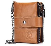 BULLCAPTAIN Genuine Leather Men Wallet with Anti Theft Chain Bifold RFID Blocking Wallets for Men Double Zipper Coin Purse with ID Window, Yellowish brown, 4.52"x3.54"x1.18", Retro