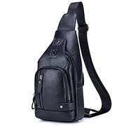 BULLCAPTAIN Genuine Leather Mens Sling Bag Multipurpose Travel Crossbody Chest Bag Daypacks with USB Charging Port (Black)