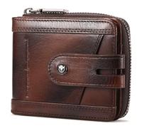 BULLCAPTAIN Genuine Leather Men's Wallet with Zipper Vintage RFID Blocking Large Capacity Wallet for Men with 14 Credit Card Slots and 1 ID Window, Brown