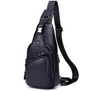 BULLCAPTAIN Leather Men Sling Bag Casual Crossbody Chest Bags Travel Daypack, Black, S, Sling Backpacks