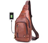 BULLCAPTAIN Leather Men Sling Bags Travel Crossbody Chest Bag Hiking Daypack with USB Charging Port Multi-Pocket