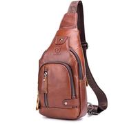 BULLCAPTAIN Leather Sling Bag Mens Chest Bag Casual Shoulder Crossbody Bag Travel Backpacks Daypack with USB Charging Port, Brown, Sling Backpacks