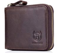 BULLCAPTAIN Mens Genuine Leather RFID Blocking Zipper Wallet Brown Small Simplicity
