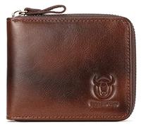 BULLCAPTAIN Mens Genuine Leather Zipper Wallet RFID Blocking Bifold Secure Zip Around Wallets Multi Credit Card Holder Purse, Handmade coffee, S, Simplicity
