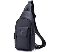 BULLCAPTAIN Mens Leather Crossbody Bag Shoulder Sling Bag Casual Daypacks Chest Bags for Travel Hiking Backpacks, Black, Medium