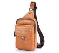 BULLCAPTAIN Men's Leather Samll Crossbody Backpack Sling Chest Bag for Hiking Travel, Yellow Brown, S, Classic Vintage
