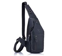 BULLCAPTAIN Mens Leather Sling bag Cross body Bag Chest Bag Sling Shoulder Backpack Black