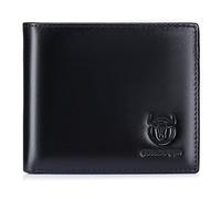 BULLCAPTAIN Mens RFID Wallet Slim Bifold Genuine Leather Wallet with Front Pocket and 2 ID Windows QB-05, Black, Small, Retro