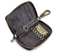 BULLCAPTAIN Men's Zipper Key Organizer Rfid Wallet with 6 Hooks Leather Key Holder Case, Dark brown, Retro Fashion
