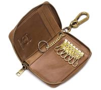 BULLCAPTAIN Men's Zipper Key Organizer Rfid Wallet with 6 Hooks Leather Key Holder Case, Yellow brown, Retro Fashion