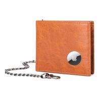 BULLCAPTAIN Slim Genuine Leather Mens Wallets with 2 ID Windows 10 Credit Card Slots Bifold RFID Blocking Wallets for Men With AirTag Holder and Chain T01, Brown, Genuine Leather Airtag Wallet for Men