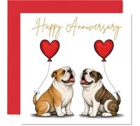 Bulldog Anniversary Card - Playful Pups and Heart-shaped Balloons - Adorable Couple with Gold Script - Light-hearted Way to Celebrate Your Love - 145mm Square, Envelope Included