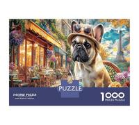Bulldog at Paris Cafe 1000 Pieces Classic Jigsaw Puzzle Urban Scene Jigsaw Puzzle Set Thick Cardboard Impossible Hard Challenging Relaxation Creativity Gift Giving Indoor Leisure Puzzle 52x38cm/1000pc