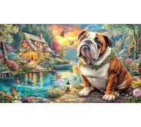 Bulldog-by-stream-in-garden Puzzle Game 1000 Pieces Jigsaw Puzzles Impossible Hard Difficult Challenging Recycled Paper for Adults and Kids Age 12 Years Up 70x50/1000pcs