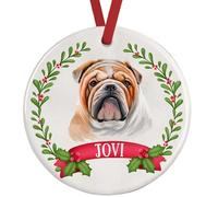 Bulldog Christmas Decoration - Personalised Tree Ornament - UK Made Ceramic Bauble with Gift Box - Double-Sided, 7cm - Dog Lover Xmas Gift