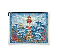 Bulldog Dog Makeup Bag, Nautical Lighthouse Ships Cosmetic Travel Pouch for Women, Portable Small Canvas Zipper Organizer, Pet Toiletry Bag 7x9 Inch