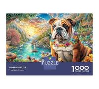 Bulldog Landscape 1000 Pieces Sturdy Cardboard Puzzle Bulldog by A Stream in A Forest Personalized Photo Premium Quality for Adults 52x38cm/1000pcs
