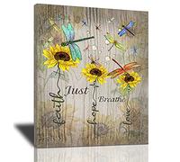 Bulldog Leather Works Sunflowers Dragonflies Decor Canvas Wall Art Just Breathe Inspirational Quotes Wall Decor Vintage Wood Farmhouse Floral Painting Artwork Modern Home Decorations 12 x 16 in