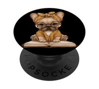 Bulldog Open Book Reading Dog Lover Graphic Portrait Round PopSockets Adhesive PopGrip