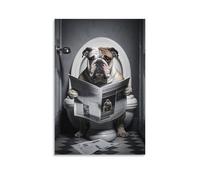 Bulldog Sitting on The Toilet Reading A Newspaper Poster Funny Bathroom Wall Art Funny Dog Animal Poster Posters For Toilet Canvas Poster Bedroom Decor Landscape Office Room Decor Gift 08x12inch(20x30