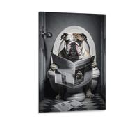 Bulldog Sitting on The Toilet Reading A Newspaper Poster Funny Bathroom Wall Art Funny Dog Animal Poster Posters For Toilet Canvas Poster Wall Art Decor Print Picture Paintings for Living Room Bedroom