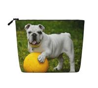 Bulldog with Yellow Ball Printed Linen Style Cosmetic Bag | Make Up Bag, Cosmetic Pouch Portable Travel Toiletry Bag Wash Bags for Women Girls Daily Use