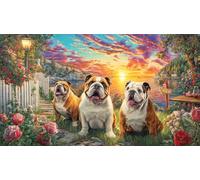 Bulldogs-in-Garden-at-Sunset 1000 Pieces Recycled Paper Jigsaw Puzzle Impossible Hard Difficult Educational Games Great Gift Idea for Adults and Kids Age 12 Years Up 38x26/1000pcs