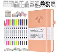 Bullet Dotted Journal Kit, 140gsm Hardcover A5 Dotted Journal with 188 Numbered Pages and 3 Index, 12 Brush Pens Dual Tip, 10 Stencils and 14 Washi Tape for Women Men Teen Girls, Pink