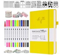 Bullet Dotted Journal Kit, 140gsm No Bleed A5 Dotted Bullet Grid Journal Set with 188 Pages, 10 Stencils, 14 Washi Tape, 12 Brush Pens Dual Tip, Journaling Supplies for Diary Schedule Planner, Yellow