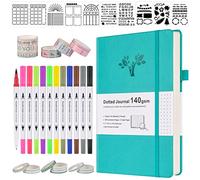Bullet Dotted Journal Kit, 140gsm No Bleed A5 Dotted Bullet Grid Journal Set with 188 Pages, 10 Stencils, 14 Washi Tape, 12 Brush Pens Dual Tip, Journaling Supplies for Diary Schedule Planner, Teal
