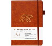 Bullet Planner/Dotted Notebook A5 by Avocado and Spice®, Gift Box & Velvet Bag - Hardback Journal - Mindfulness Journal A5 - Bookmark, Elastic Strap, Pen Holder, 200 pages (Brown, Dotted)