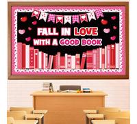 Bulletin Board Set Valentine's Day Library Bulletin Board Classroom Decoration Heart Book Cutouts Home Window Wall Party Decoration for Teacher (Fall in love with a good book)