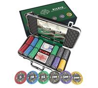 Bullets Playing Cards, 'Silvio' Poker Set with 300 Ceramic Poker Chips with printed values, including Ceramic Dealer Button, Double Pack of Bullets Poker Cards
