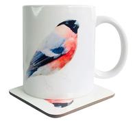 Bullfinch Mug & Coaster Gift Set, Garden Finch Bird Art 11 Oz Ceramic Coffee Cup and Wood Drinks Mat, for British Wildlife Lovers