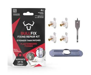 Bullfix Plasterboard Fixing Repair Kit 4 Pack - Repairs Failed Fixings in Drywall with Heavy Duty Anchor, Wall Plug Alternative for Dot & Dab, Stud & Hollow Wall, Includes Screws & Repair Drill Guide