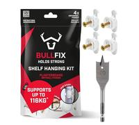 Bullfix Shelf Fixing Kit - Heavy Duty Plasterboard Fixings for Shelves, 4 Bullfix Universal Fixings with Collars and a 20mm Drillbit, Heavy-Duty Shelving Mounting Kit