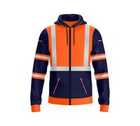 BULLFROG Mens Hi-Viz Front Zip Hoodie Reflective Tape High Visibility Safety Coat with Zips Utility Phone & Gadget Pockets Sweatshirt Top Jacket (XXL, Style 3: Neon Orange/Navy)