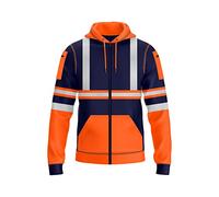 BULLFROG Mens Hi-Viz Front Zip Hoodie Reflective Tape High Visibility Safety Coat with Zips Utility Phone & Gadget Pockets Sweatshirt Top Jacket (XL, Style 2: Neon Orange/Navy)