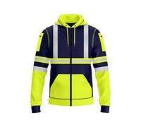 BULLFROG Mens Hi-Viz Front Zip Hoodie Reflective Tape High Visibility Safety Coat with Zips Utility Phone & Gadget Pockets Sweatshirt Top Jacket (L, Style 2: Neon Green/Navy)