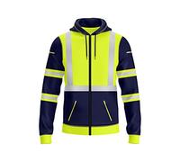 BULLFROG Mens Hi-Viz Front Zip Hoodie Reflective Tape High Visibility Safety Coat with Zips Utility Phone & Gadget Pockets Sweatshirt Top Jacket (XL, Style 3: Neon Green/Navy)