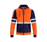BULLFROG Mens Hi-Viz Front Zip Hoodie Reflective Tape High Visibility Safety Coat with Zips Utility Phone & Gadget Pockets Sweatshirt Top Jacket (L, Style 1: Neon Orange/Navy)