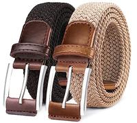 BULLIANT Belt Men 2 Packs, Elasticated Belt Stretch Weave Belt 1 3/8",Casual Braided Woven Golf Belts for Mens Womens Jeans(Black/Beige,42"-46" Waist Adjustable)
