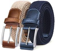 BULLIANT Belt Men 2 Packs, Elasticated Belt Stretch Weave Belt 1 3/8",Casual Braided Woven Golf Belts for Mens Womens Jeans(Antique Blue/Beige,46"-50" Waist Adjustable)