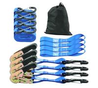 BULLITT 4Pk Ratchet Tie Down Straps Set with 750KG Break Strength,4x 25MM*4.57M Adjustable Ratchet Straps with S Hooks Iron Handles+4x 26.4CM Soft loops for Motorcycles/Cargo/Car Roof/Household-Blue