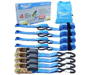 BULLITT 4Pk Ratchet Tie Down Straps Set with 750KG Break Strength,4x 25MM*4.57M Adjustable Ratchet Straps with S Hooks Iron Handles+4x 26.4CM Soft loops for Motorcycles/Cargo/Car Roof/Household-Blue