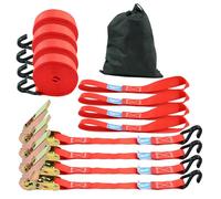 BULLITT 8Pcs J-Hook Ratchet Tie Down Straps,Iron Handles,Rachet Straps with 750KG Break Strength,4x 25MM*5M straps+4x 2.5CM*25CM Soft loops for Motorcycles/Cargo/Car Roof/Household-Red