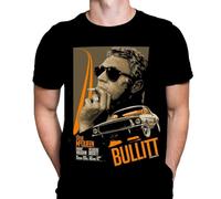 Bullitt Mens T-Shirt Action Print, Black Cotton T-Shirt, Movie Poster Tee